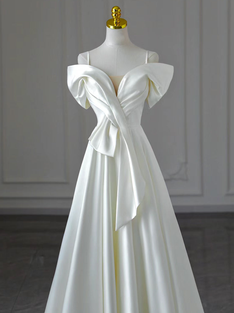 White A-Line Off Shoulder Satin Long Prom Dress, White Formal Dress