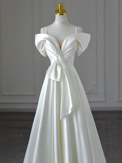 White A-Line Off Shoulder Satin Long Prom Dress, White Formal Dress