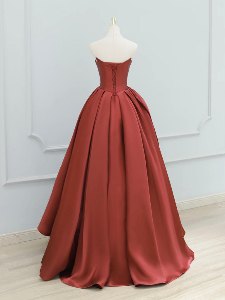 A-Line Satin Burgundy Long Prom Dress, Burgundy Long Evening Dress