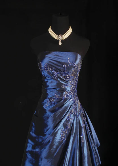 Navy Blue Vintage Elegant Fashion Ball Gown Off Shoulder Long Satin Prom Dress Evening Dress Party Dress gh4246