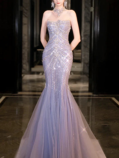 Pretty Mermaid Off The Shoulder Blue Tulle Silver Beads Long Prom Dresses Formal Evening Dress SD1498