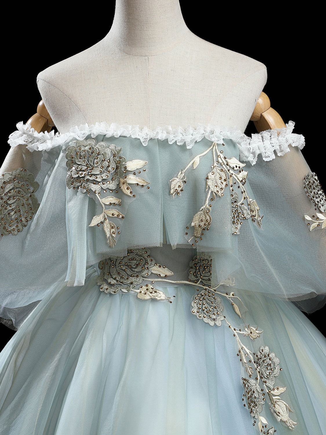 Gray green tulle lace long prom dress, green tulle formal dress