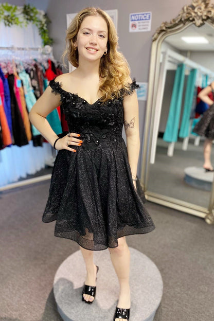 Black 3D Floral Lace Off-the-Shoulder A-Line Short Party Dress
