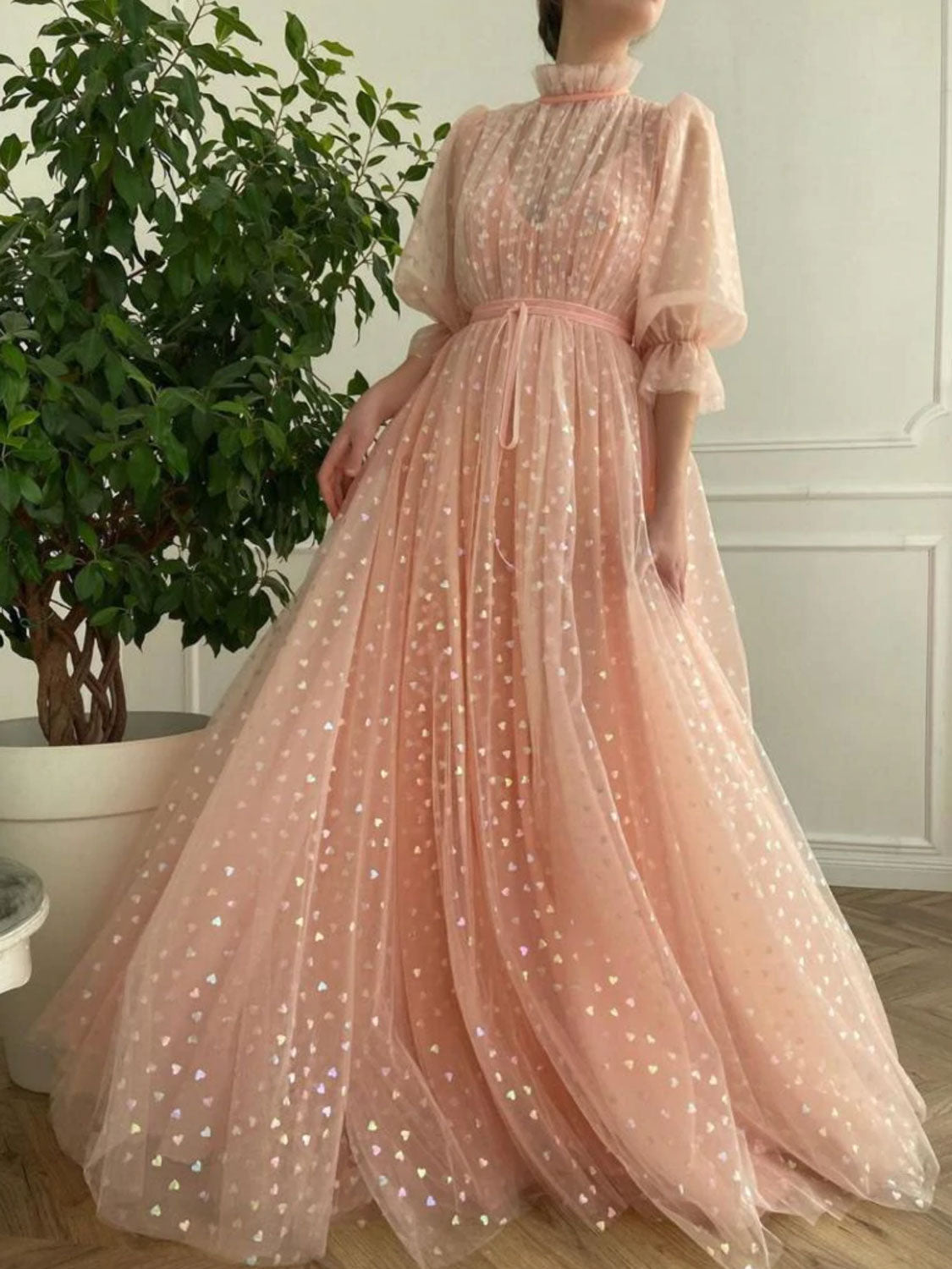 Pink tulle long prom dress, pink tulle evening dress