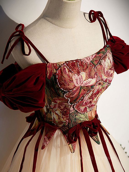 Vintage Spaghetti Straps Tulle A Line Evening Dress Elegant Party Gown cc1708