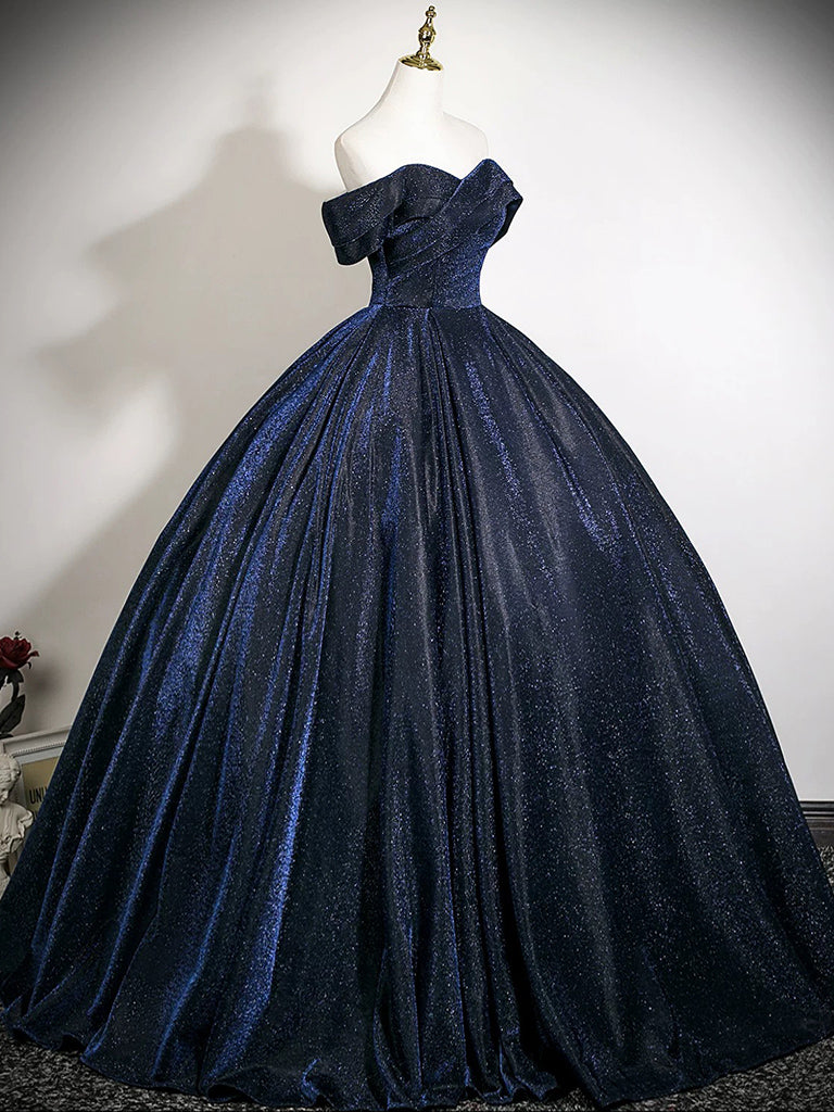 A-Line Off Shoulder Satin Dark Blue Long Prom Dress, Dark Blue Long Formal Dress