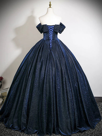 A-Line Off Shoulder Satin Dark Blue Long Prom Dress, Dark Blue Long Formal Dress