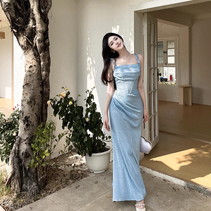 Vintage Shiny Light Blue Spaghetti Strap Mermaid Long Summer Dresses Prom Dress Evening Dress HZ1024