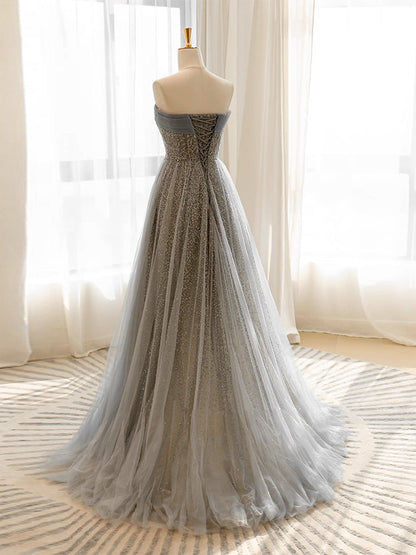 A-Line Gray Tulle Sequin Long Prom Dress, Gray Long Formal Dress