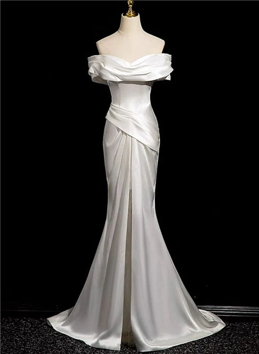 White Mermaid Satin Off Shoulder Wedding Dress