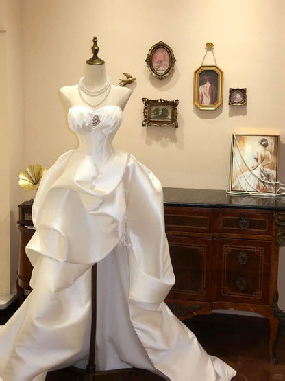 White gorgeous fashion elegant long satin exquisite jewel floor-length ball gown evening dress party dress prom dress wedding dress gh3653