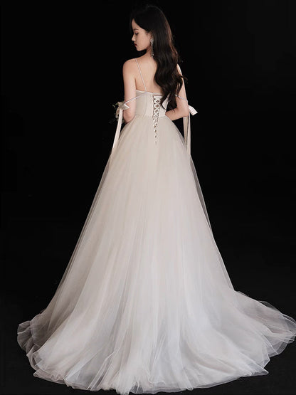 A-Line Light Champagne Tulle Long Prom Dress, Champagne Formal Dress