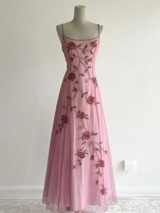 girlhomeshops-Delicate And Elegant Long Tulle Gown With Pink Floral Pattern gh6264