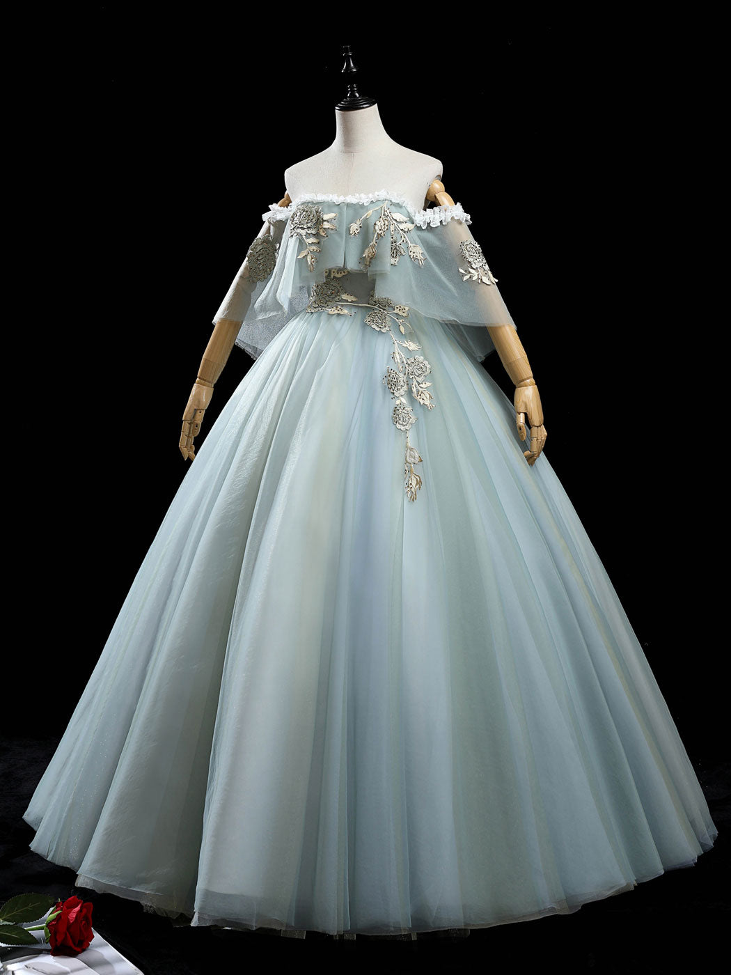 Gray green tulle lace long prom dress, green tulle formal dress