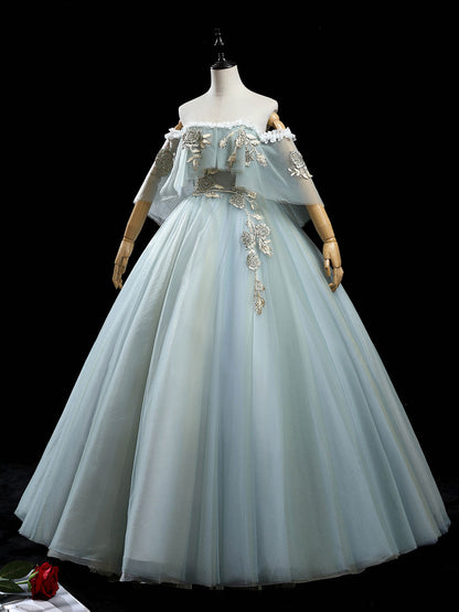 Gray green tulle lace long prom dress, green tulle formal dress