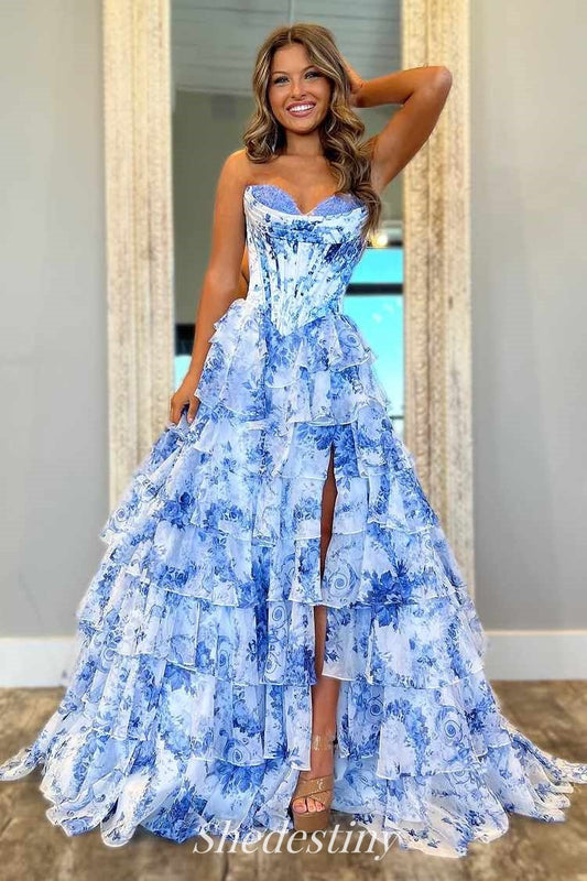Blue Floral Print A-Line Corset Tiered Sweetheart Slit Prom Dress