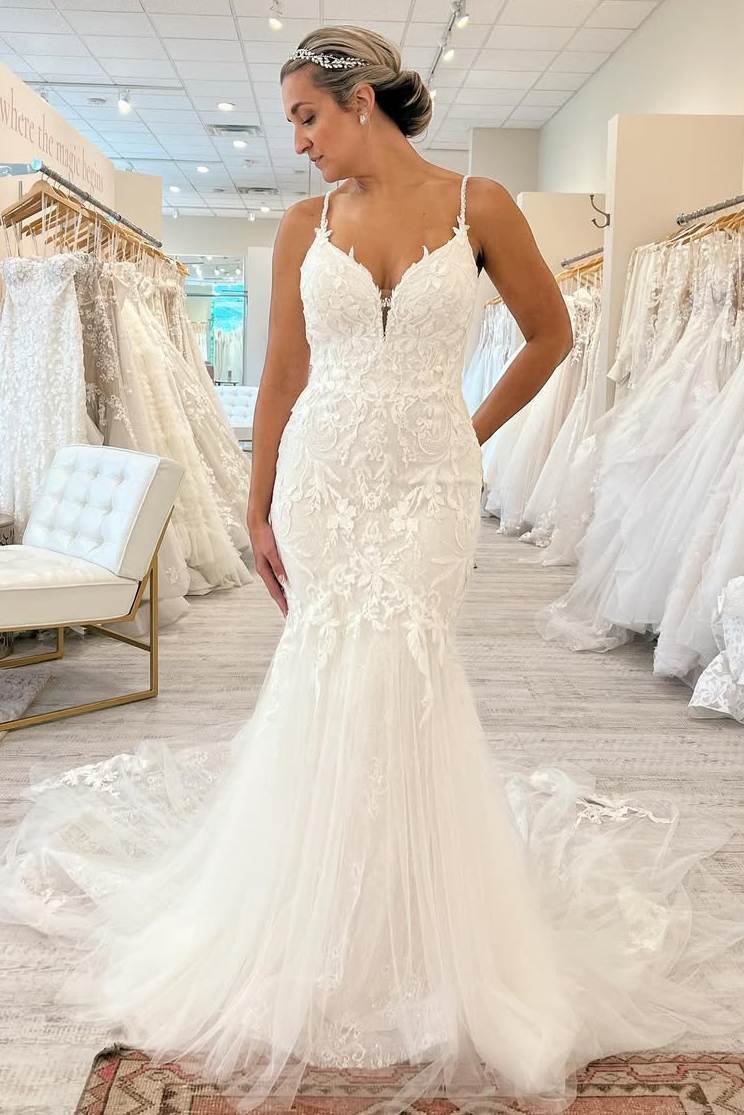 Spaghetti Straps Ivory Mermaid Pleated Tulle Sweep Train Bride Dress