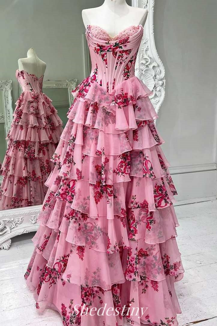 Blue Floral Print A-Line Corset Tiered Sweetheart Slit Prom Dress