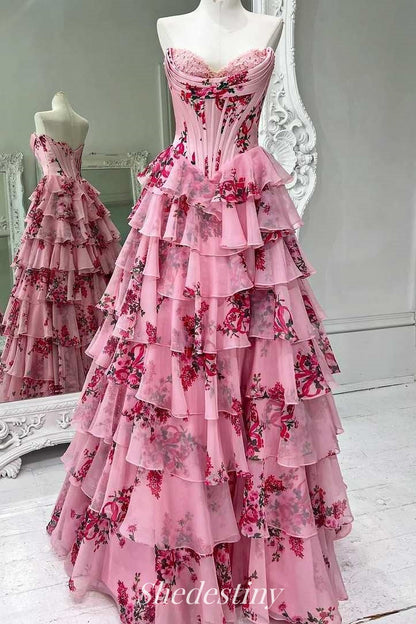 Blue Floral Print A-Line Corset Tiered Sweetheart Slit Prom Dress