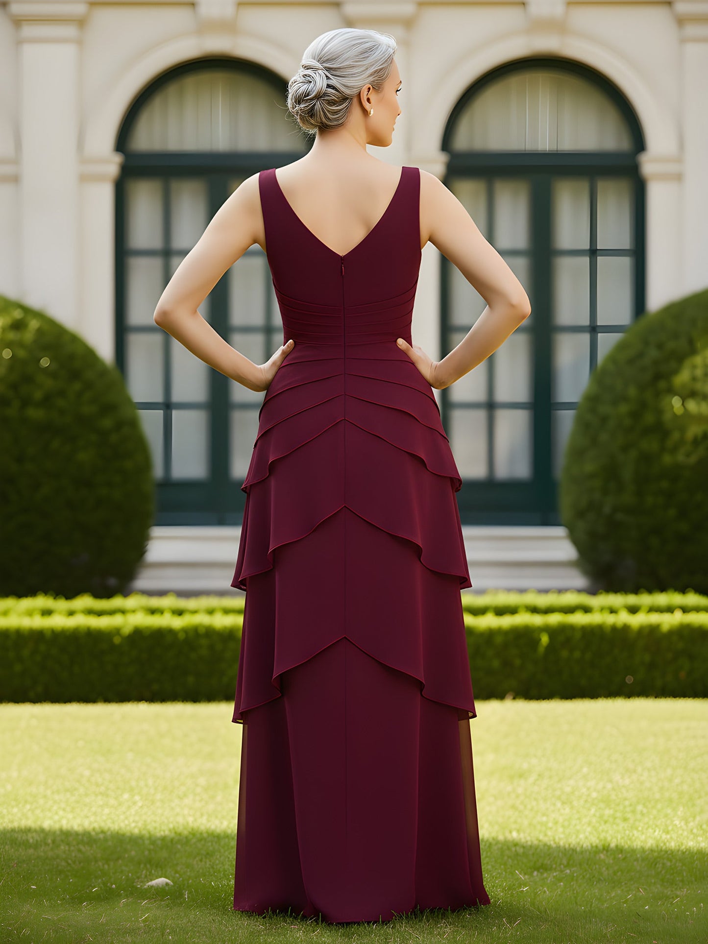 A-Line Pleated V-neck Ruffles Floor-Length Dress Cabernet