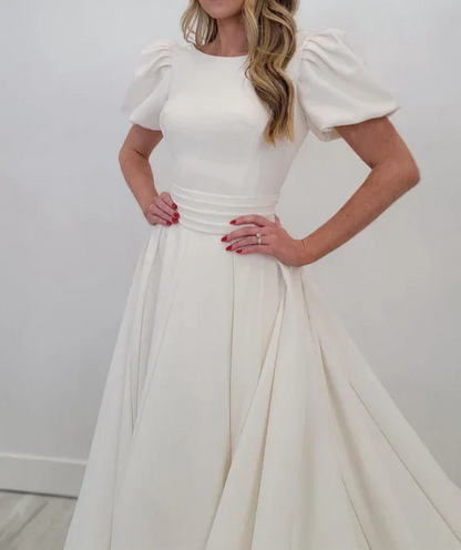 A-line Puff Sleeves Satin Sweeping Long Wedding Dress