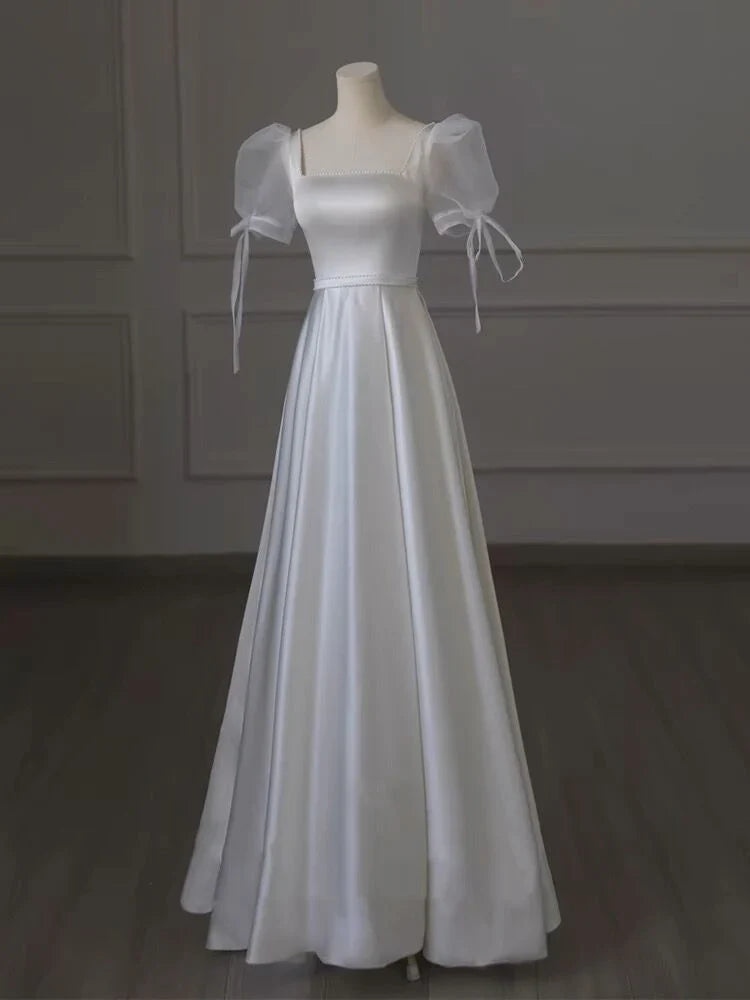 A Line Elegant White Satin Long Prom Dress Wedding Dress