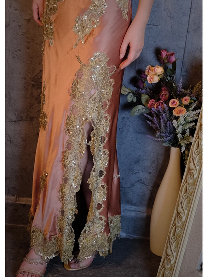 Vintage Champagne Sparkling Beaded Spaghetti Strap Design Elegant Satin Evening Dress Prom Dress HZ1024