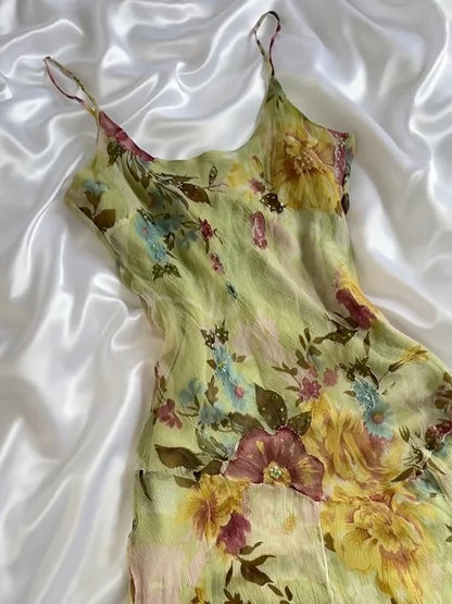 Vintage Floral Chiffon Spaghetti Strap Homecoming Dress Party Dress Cocktail Dress HZ1024