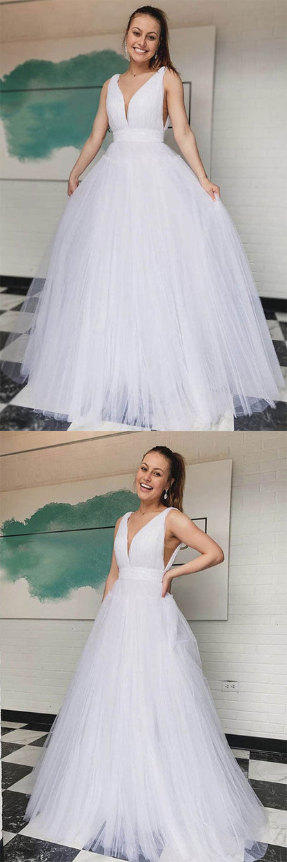 Simple v neck white tulle long prom dress white long evening dress