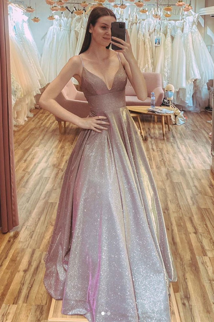 Champagne v neck sequin long prom dress sequin formal dress