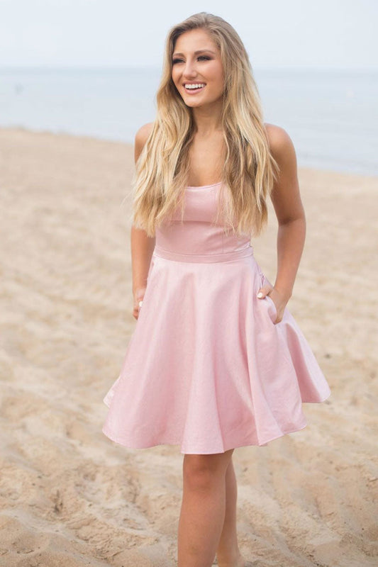 Simple pink satin short prom dress pink homecoming dress
