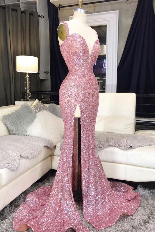 Pink sweetheart sequin mermaid long prom dress pink evening dress