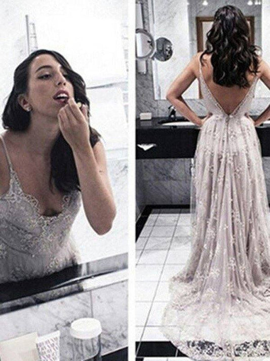 A-Line/Princess V-Neck Sleeveless Sweep/Brush Train Applique Lace Dresses - RongMoon