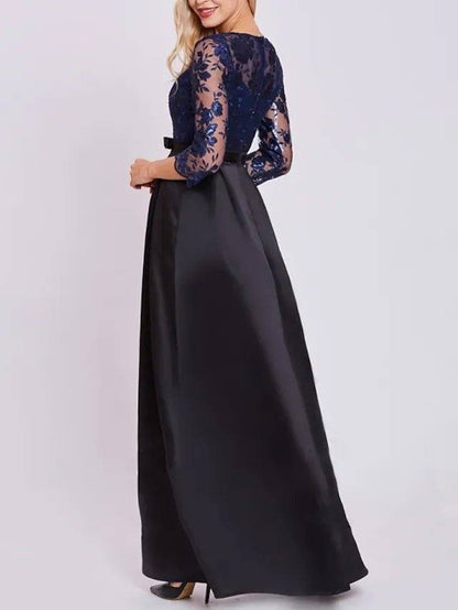 A-Line Mother of the Bride Dress Elegant Jewel Neck Floor Length Lace Satin 3/4 Length Sleeve with Sash / Ribbon Pleats Appliques - RongMoon