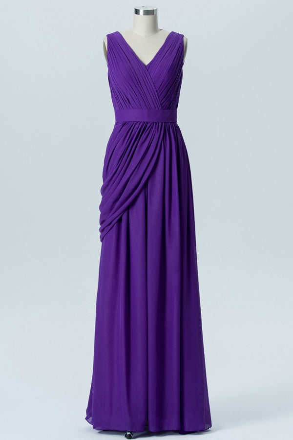 Purple Chiffon V-Neck Sleeveless Bridesmaid Dress