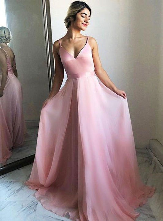 Simple pink tulle long prom dress, pink tulle formal dress