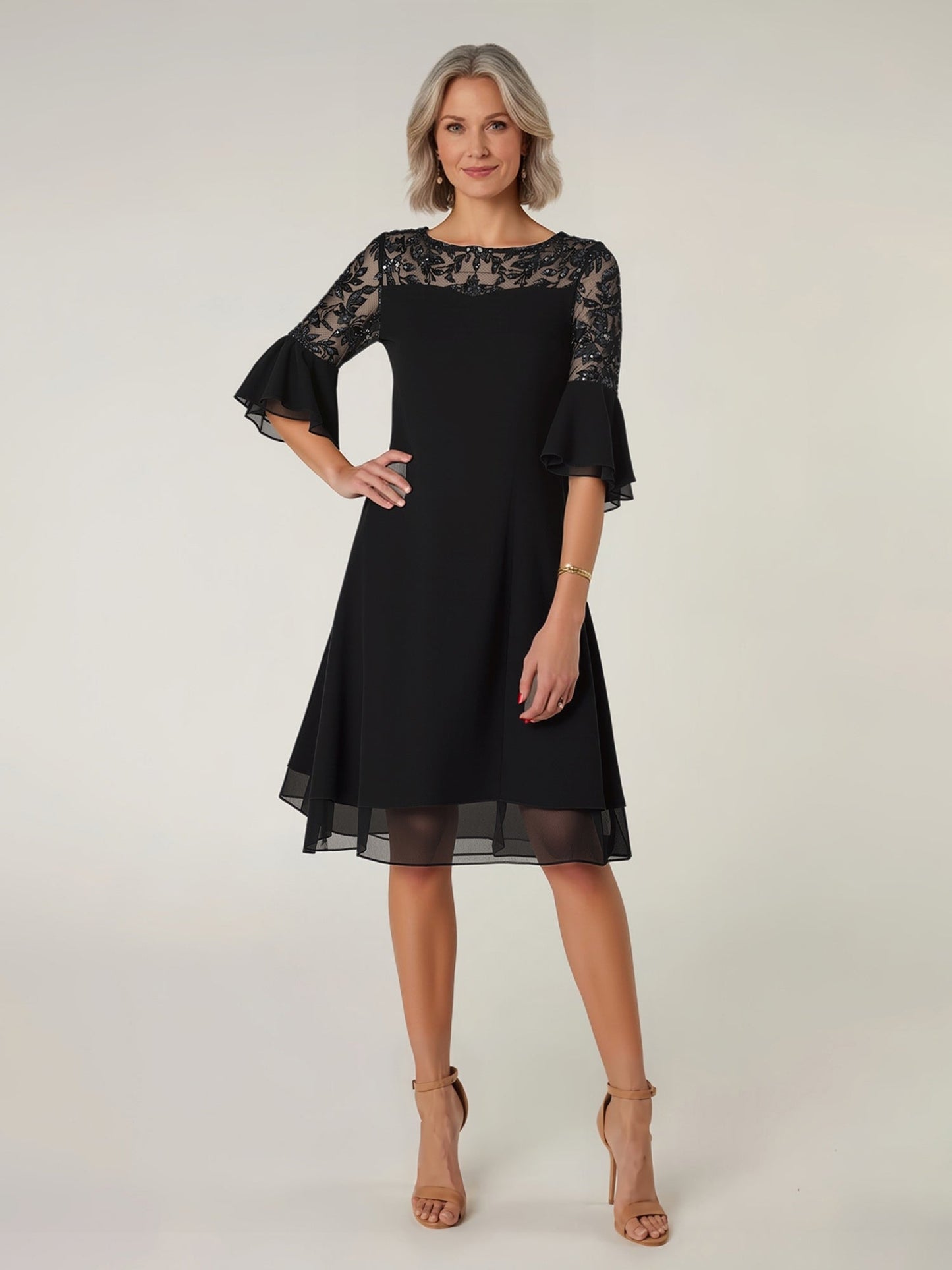 Scoop Illusion Neck Lace Sequins Chiffon Knee-Length Dress Black