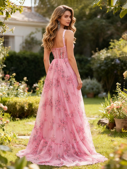 Sweetheart Neck Floral Print A-Line Chiffon Dress Pink