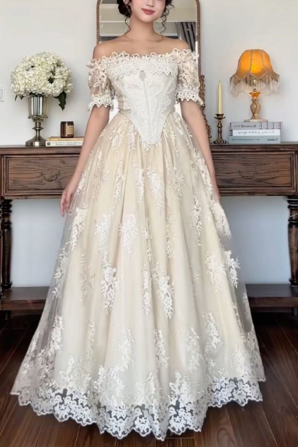 girlhomeshops-Exquisite Tulle Lace Long Fashionable Wedding Dress Off-Shoulder Dress gh5839