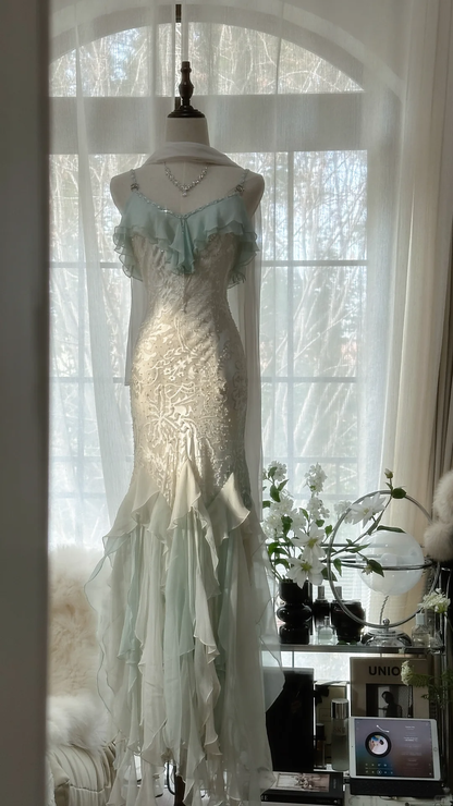 Elegant Mermaid Sparkling Beaded Spaghetti Strap Romantic Chiffon Evening Dress Prom Dresses HZ1024