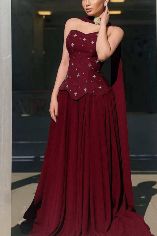 Halter Neck Burgundy Embellished Ball Gown | Vintage Luxury Cross-Pattern Train Maxi Dress for Gala Ball gh6475