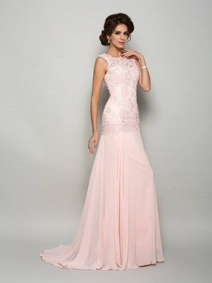 Trumpet/Mermaid Scoop Beading Sleeveless Long Chiffon Mother of the Bride Dresses - RongMoon