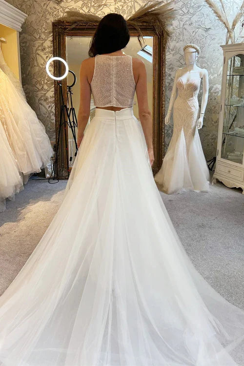 Aimishang Elegant A-Line Two-Piece White Beaded A-Line Long Wedding Dress