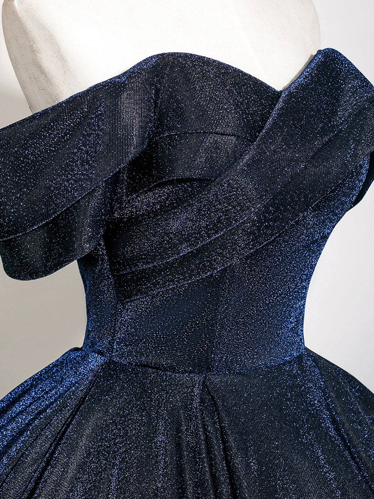 A-Line Off Shoulder Satin Dark Blue Long Prom Dress, Dark Blue Long Formal Dress