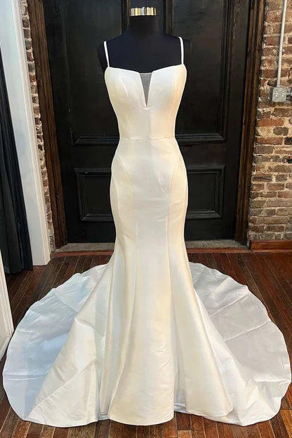 Aimishang Elegant Mermaid White Spaghetti Straps Long Lace Wedding Dress