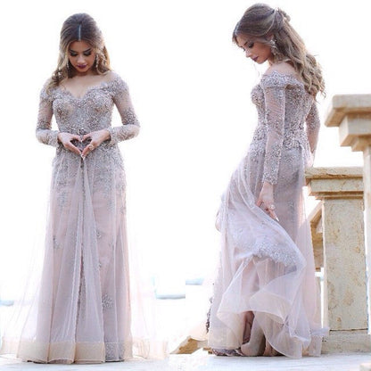 Gray Lace Appliques Long Sleeves Mermaid Off Shoulder Evening Dress With Split
