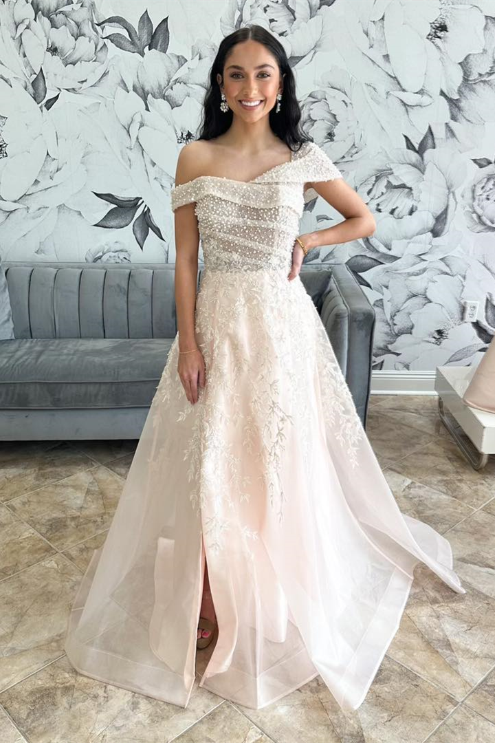 Blush Pink Beaded Tulle Asymmetrical Long Wedding Dress with Slit