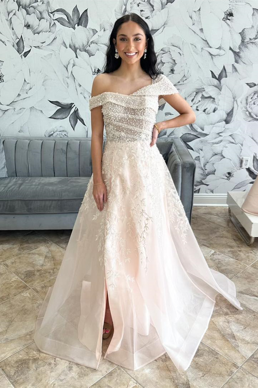 Blush Pink Beaded Tulle Asymmetrical Long Wedding Dress with Slit
