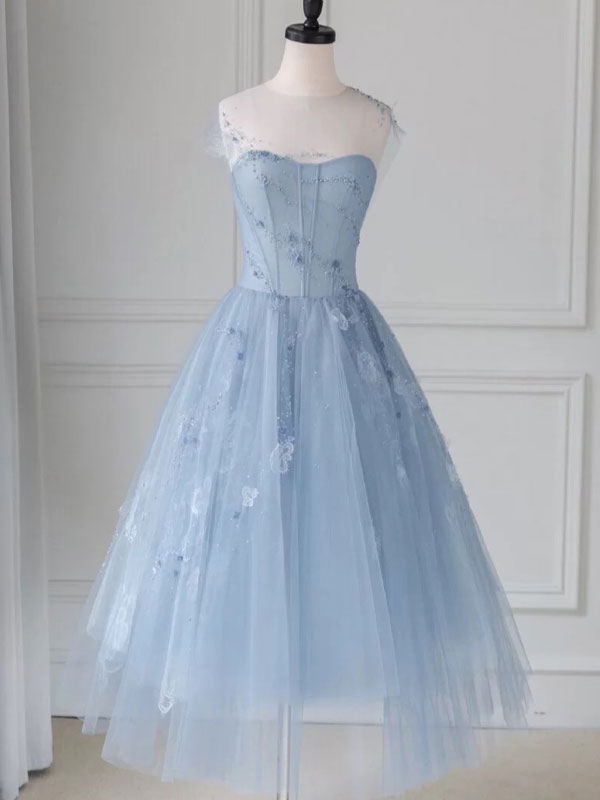 Blue round neck tulle lace short prom dress, blue homecoming dress