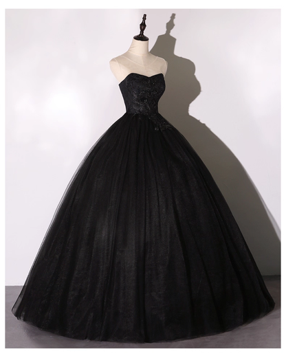 Vintage Black Applique A-Line Evening Gown Tulle Strapless Party Dress Long Formal Dress HZ1024